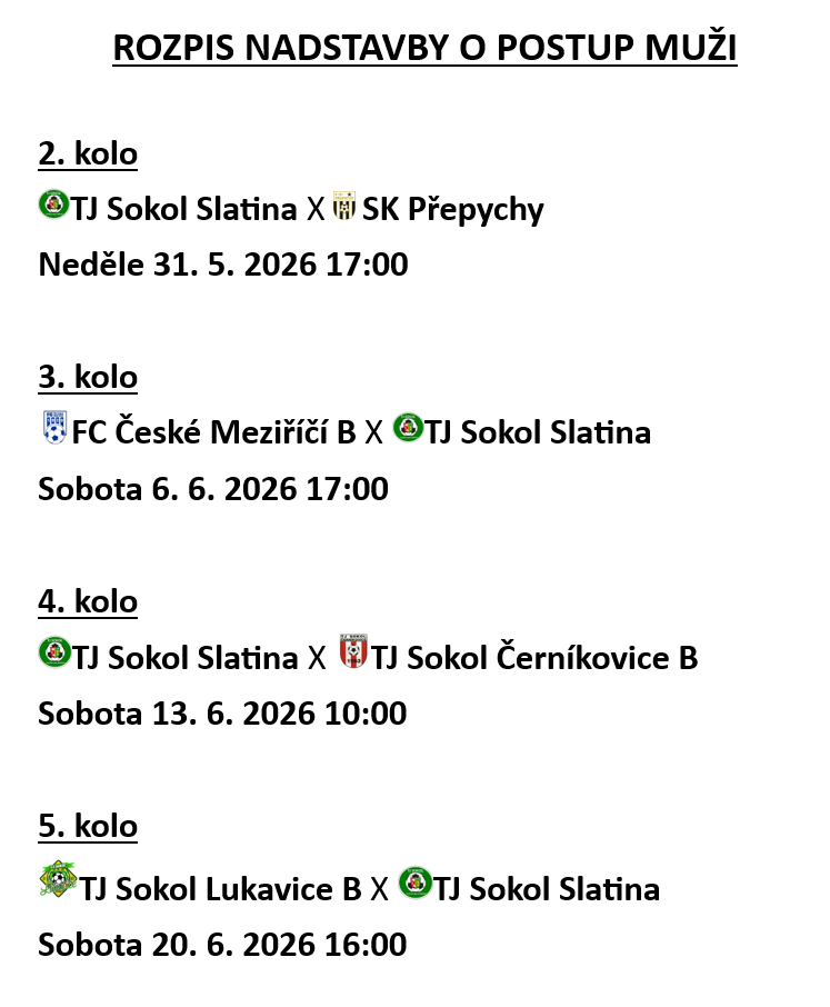 Rozpis fotbalových utkání TJ Sokol Slatina nad Zdobnicí