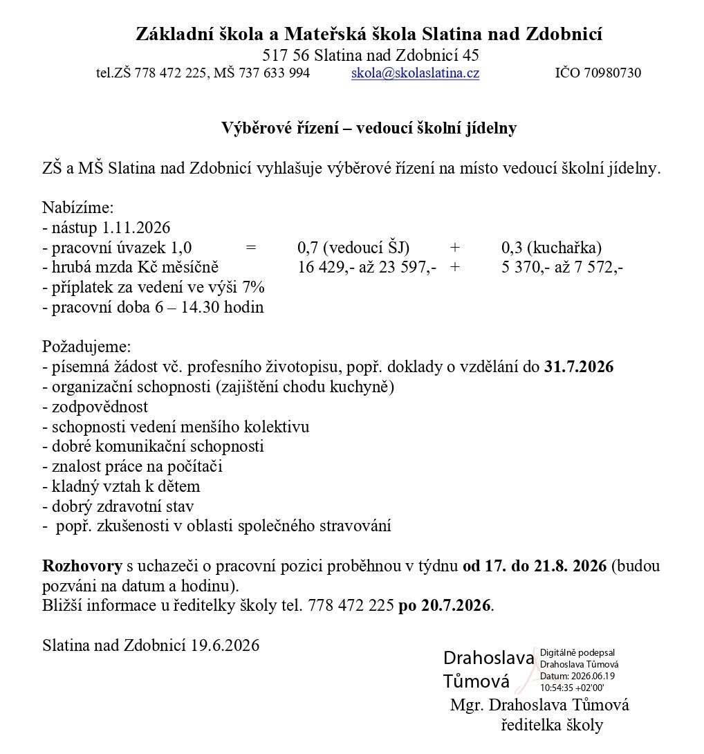 Výběrové řízení na vedoucí školní jídelny